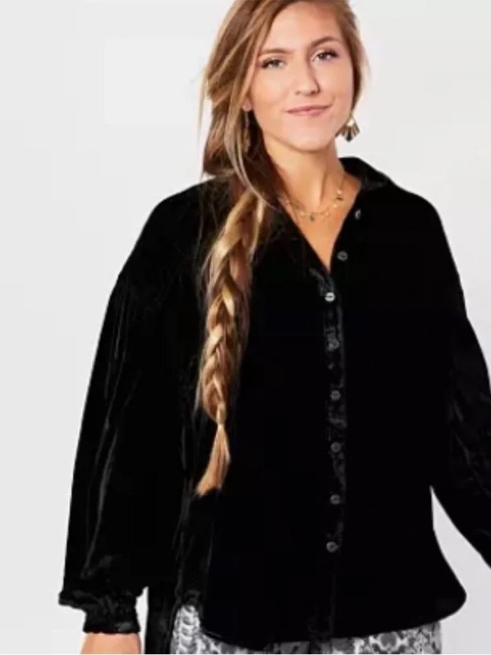 Free People La Luna Black Velvet Oversized Button Down Shirt Top XS NWOT